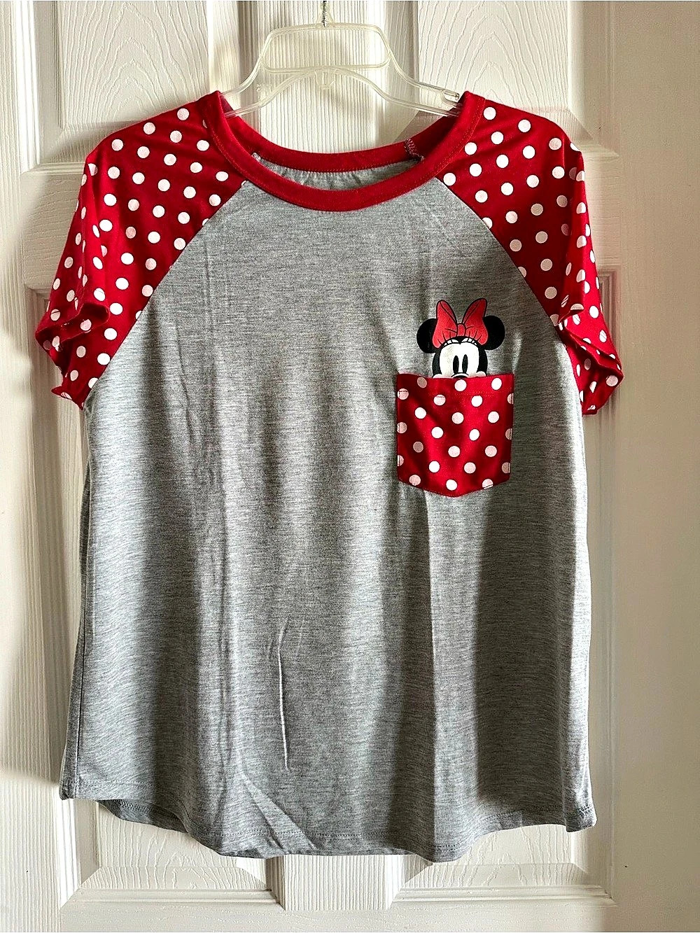 Disney Minnie Mouse Polka Dot Pocket Raglan T-Shirt Gray & Red XL (15/17)